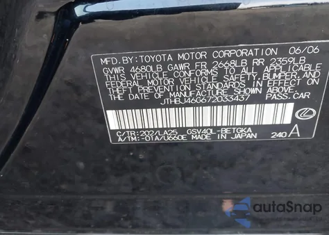 2007 Lexus Es 350 из США, поврежденный, VIN JTHBJ46G672033437